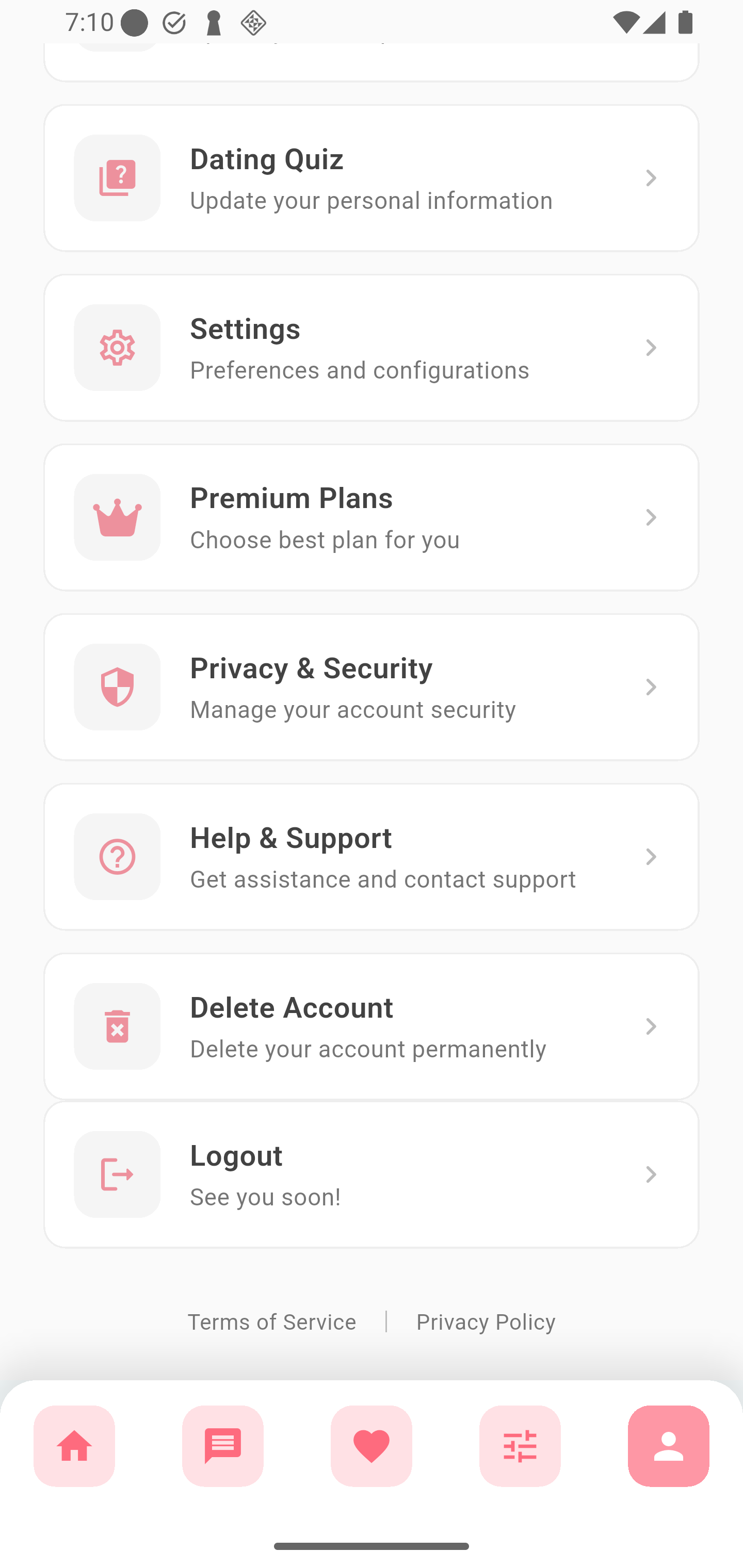 CraveBond settings screen with Help & Support and Delete Account options