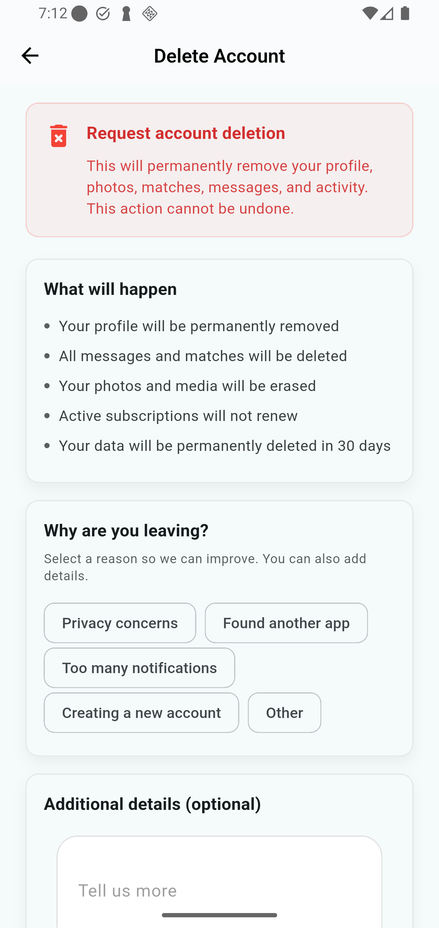 Delete Account screen explaining what happens when you delete